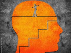 head with staircase and tightrope walker digital illustration