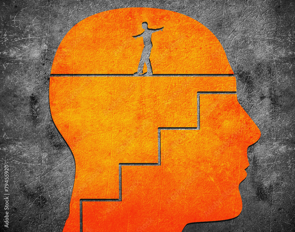 head with staircase and tightrope walker digital illustration
