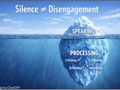 Image of an iceberg showing First, we must understand that: Speaking ≠ Learning and Silence ≠ Disengagement Above the water (Speaking): This is what we usually grade or praise. Below the water (Processing): This is where the Silent Period happens.