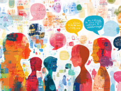 A multilingual conversation between abstract human figures, with colorful speech bubbles filled with words in various languages.