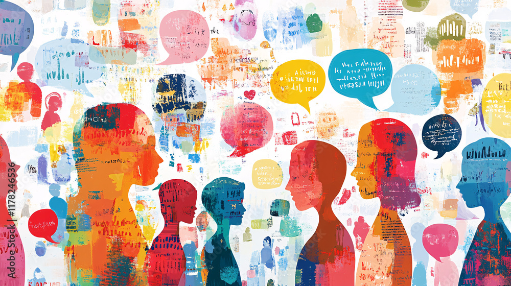 A multilingual conversation between abstract human figures, with colorful speech bubbles filled with words in various languages.